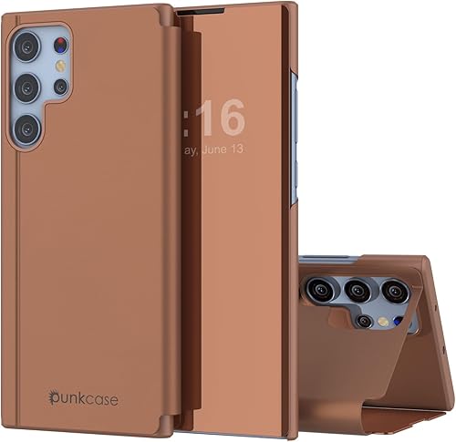 Miniatura 1 de PunkCase S23 Ultra Reflector - Funda protectora con tapa con espejo translúcido resistente a los arañazos y parte trasera de piel sintética