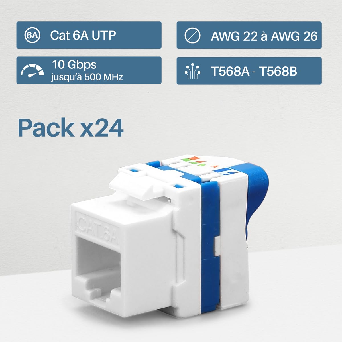 Waytex Keystone RJ45 Short Cat6a UTP senza attrezzi - Connettore di rete da 10 Gbps 500 MHz - T568A/B - AWG22 a 26-24 pezzi