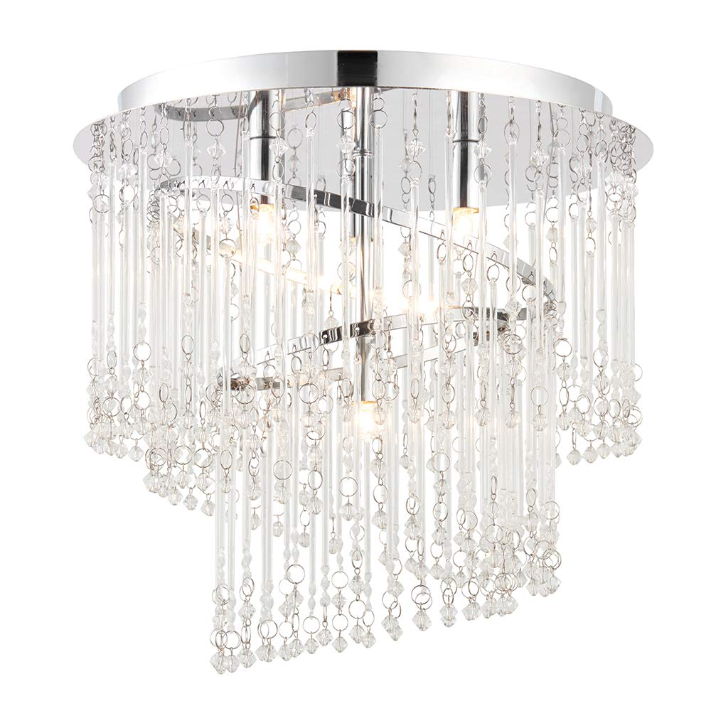National Lighting Silver/Light Ashley Decorative Chrome Chandelier Flush Ceiling Pendant Lamp With Spiral Design Glass Droplets