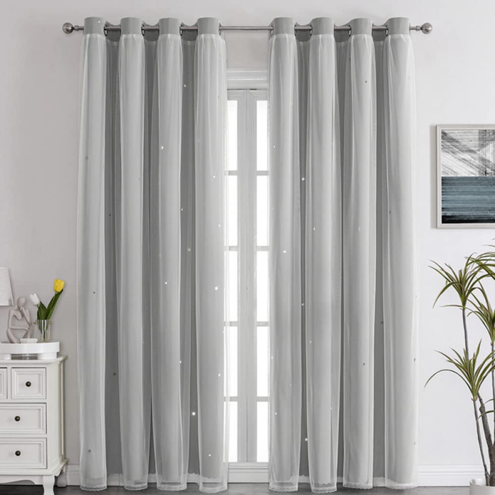 Nyescasa Verdunklungs Vorhänge Kinderzimmer Vorhang Doppellagige Gardienen mit Höhlen Sterne mit Voile Ösenschal für Wohnzimmer Schlafzimmer Mädchen Dekoschal 2er Set 130x100cm(H×B) Grau