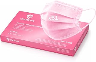 CRAZYCHIC - x51 Pink Mouth Mask - Surgical Mask Type IIR - Medical Mask CE Certified EN14683 - Disposable 3 Layer Mask - High Filtration EFB>99% - Surgical Mask Pack of 51