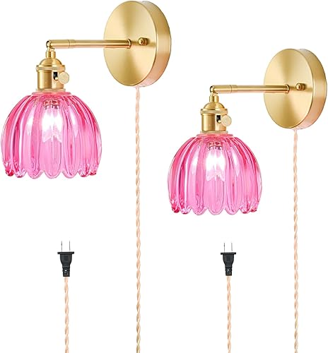 Miniatura 17 de Juego de 2 apliques de pared enchufables, apliques de pared vintage con pantalla de cristal transparente de tulipán, aplique de pared