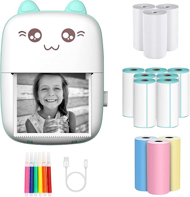 Carseatty Sticker Printer, Inkless Bluetooth Pocket Thermal Printer Wireless Label Machine Mini Photo Printer for Printing Logo, Notes,Journal,List,Memo(including13 rolls of printing paper)