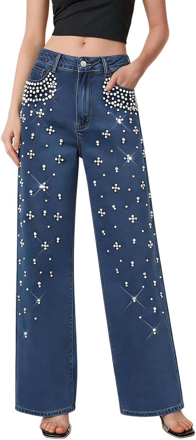 Wide Leg Jeans for Women Rhinestone Pearl Jeans High Rise Pull on Jean Straight Leg Stretch Denim Holiday Party Pants