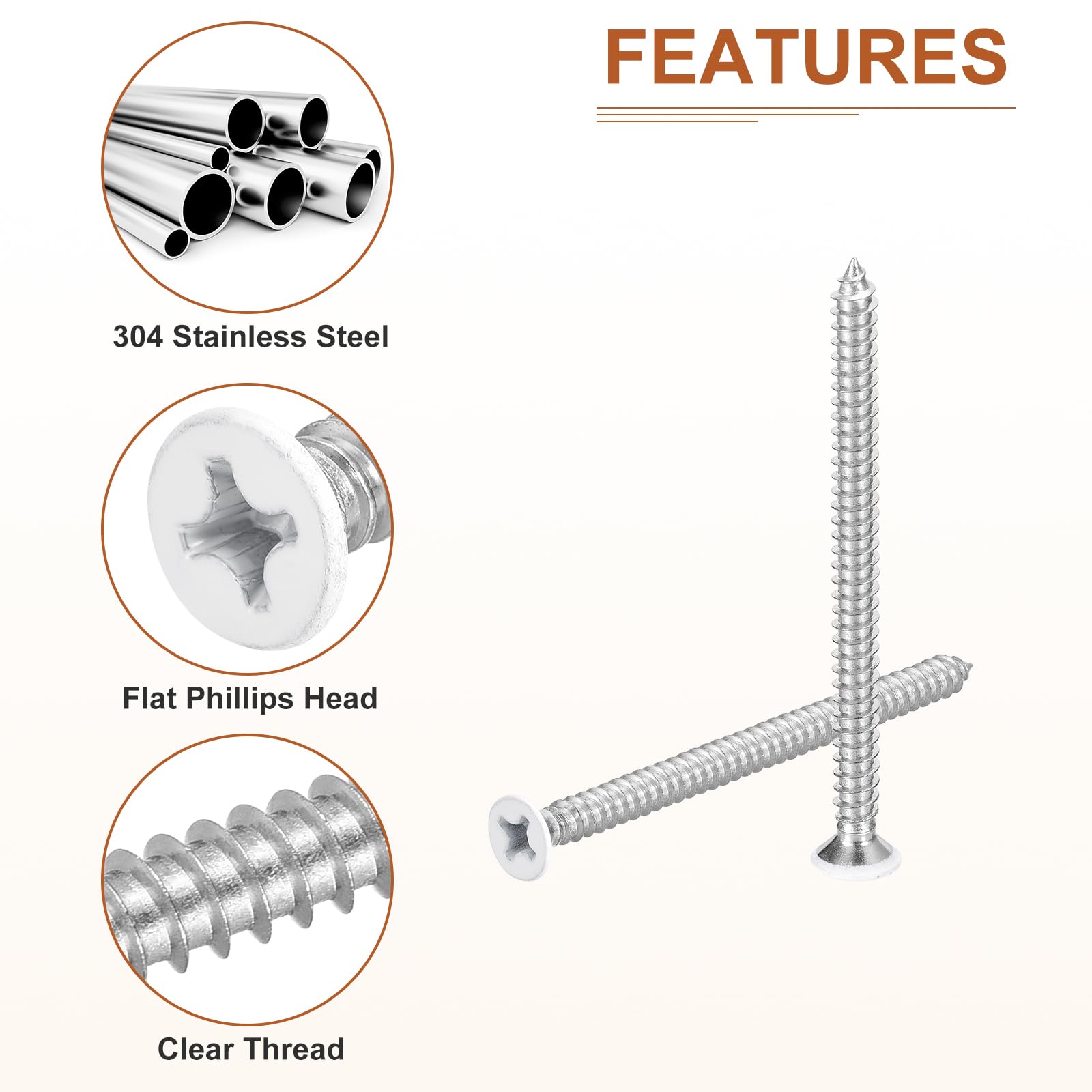 DTGN 25Pcs #10x4" Flat Head Wood Screws, 304 Stainless Steel White Phillips Self Tapping Screws - Image 4