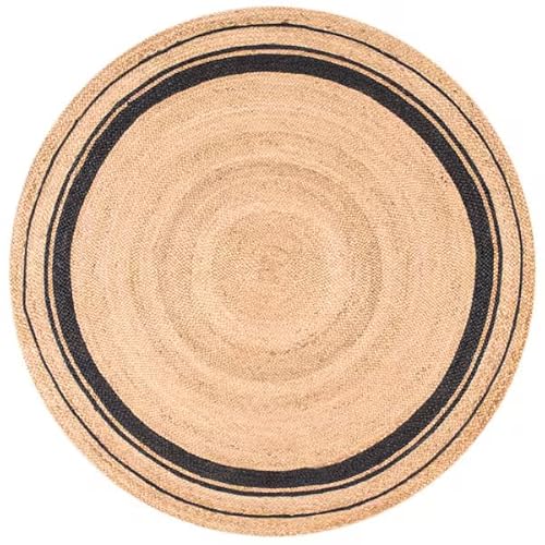 Round Braided Jute Rug – Natural Beige & Black, Farmhouse & Coastal Style, Vintage Entryway or Living Room Décor (3' Round)