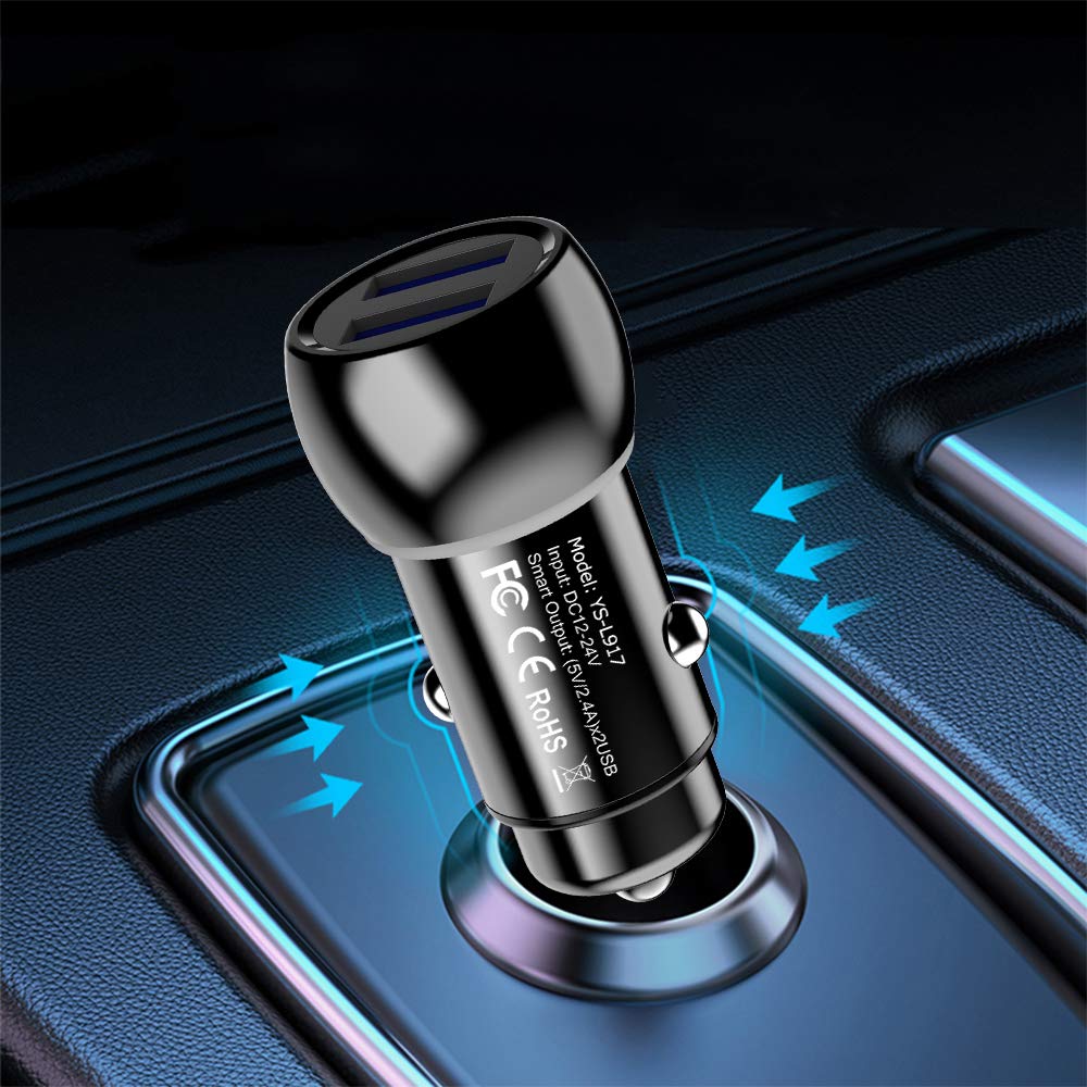 USB Car Charger,Bralon 24W 4.8A All Metal Dual USB Fast Car Charger Adapter with White LED Compatible with iPhone 11/11 Pro(Max)/Xs/XR/Max/X/8/7/Plus and More