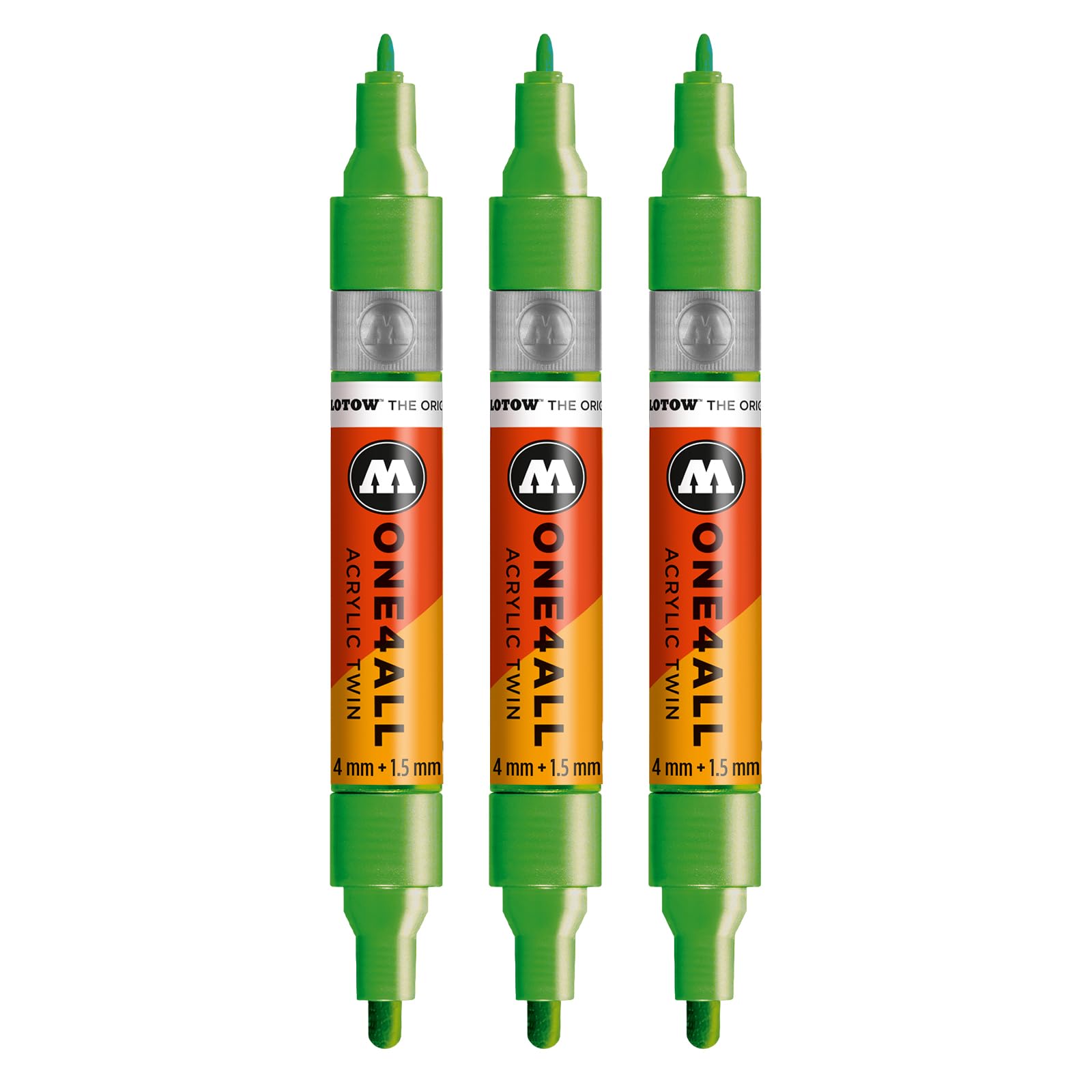 Molotow One4All Acrylic Twin Marker (1.5 and 4.0 mm Line Width, High Coverage and Permanent, Quick Drying, Refillable, for Almost All Surfaces) Pack of 3, Colour 226 Metallic Light Green โ image 1