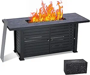 57" Propane Fire Pit Table, 50000BTU Rectangle Fire Table with Cover & Rain Cover, Sturdy Steel and Iron Fence Surface, CSA Safety Certified, Companion for Your Garden (Enlarged Version)