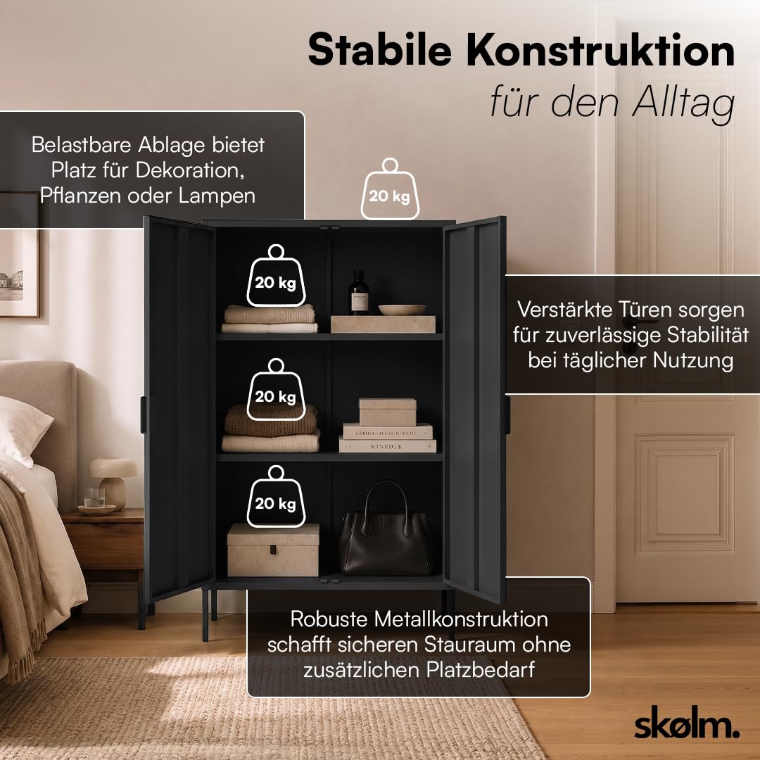 skølm Ituri Metall Kommode – Metallschrank mit 3 verstellbaren Fächern – Sideboard Wohnzimmer Schwarz – Aufbewahrungsschrank aus Stahl – Highboard im Industrial Design – Büroschrank/Flurschrank