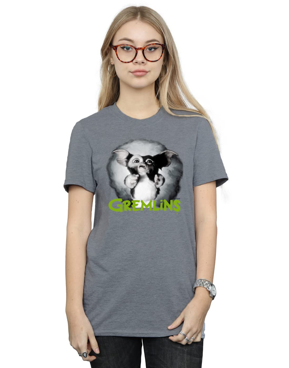 Absolute Cult Women's Dark Grey Heather Gremlins Scared Green Boyfriend Fit T-Shirt Large