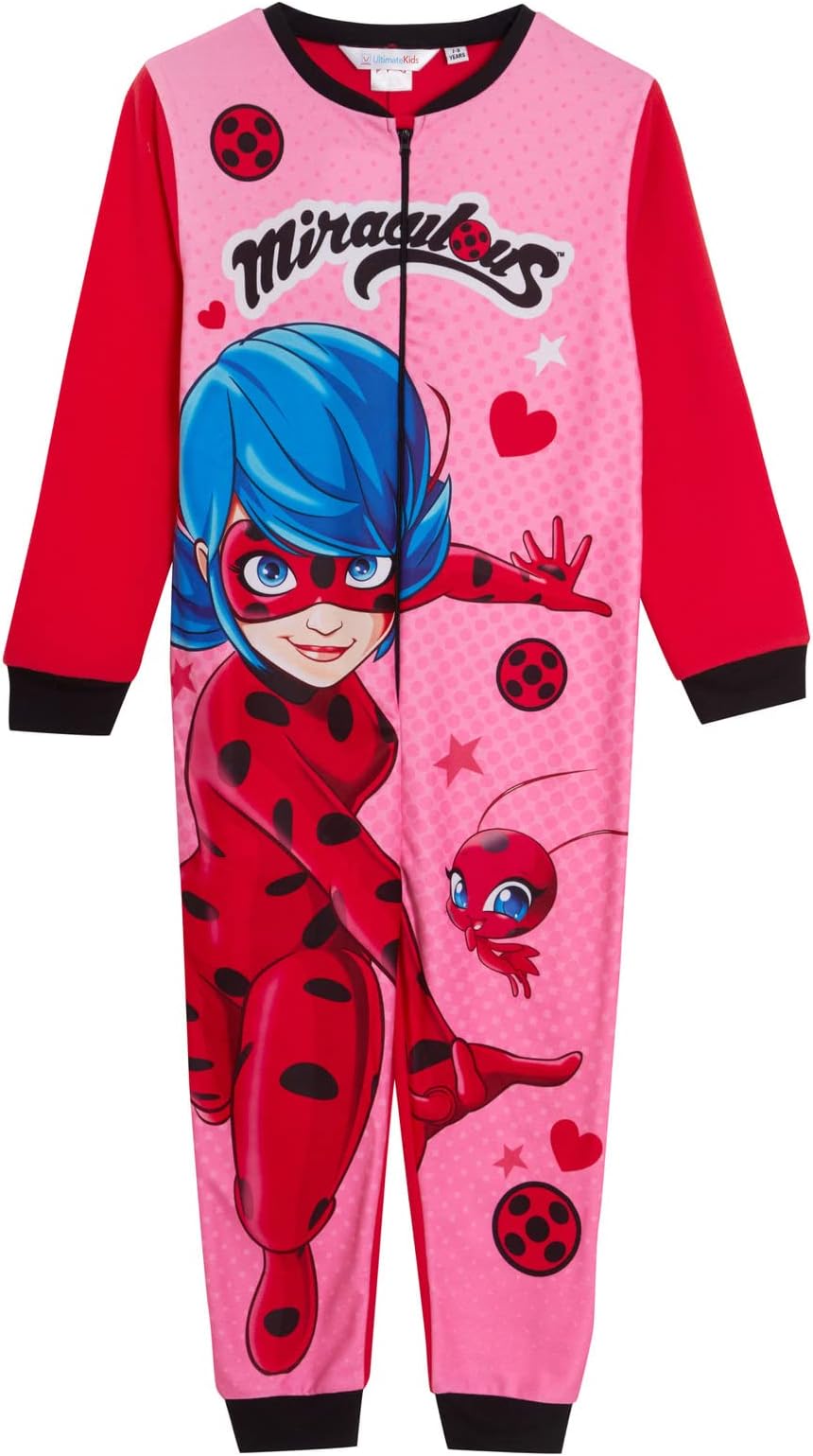 MiraculousOnesie for Girls Ladybug All in One Kids Fleece Pyjamas Dress Up Play Suit Costume Pjs Zipped Loungewear, Multi