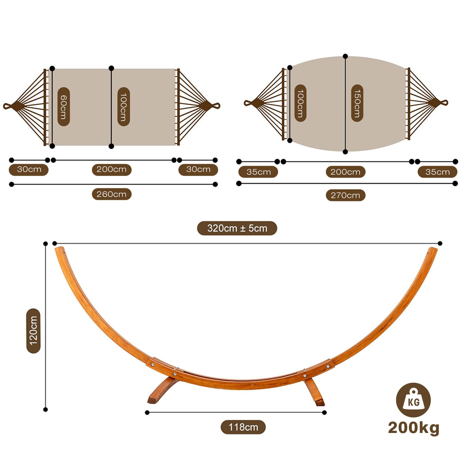 Hamac avec Support en Bois, Ensemble Double Hamac, 200 kg de Charge, 320×120×120 cm, Hauteur Ajustable, pour Jardin, Terrasse & Balcon 27kg