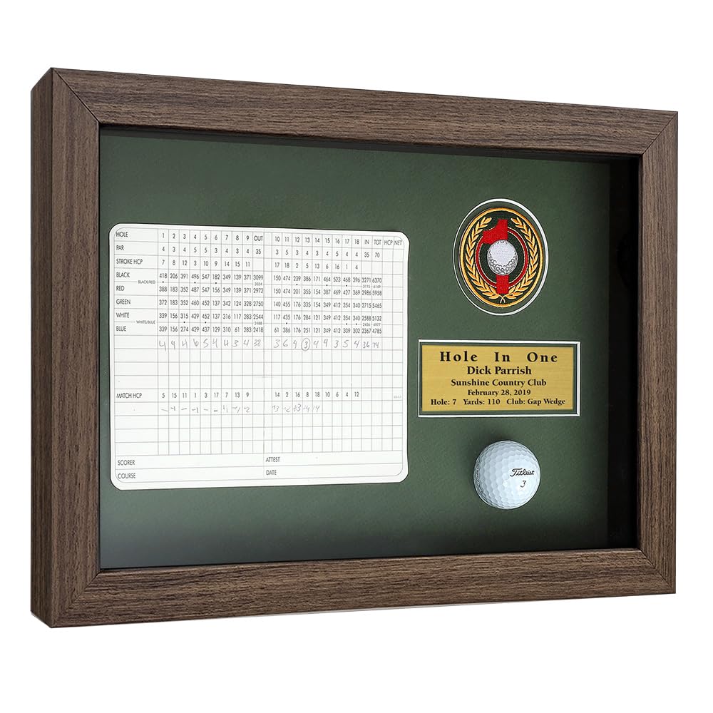 Golf Hole?in?One Enclosed Shadowbox | 3 Frame Colors with Acrylic Front | Holds Golf Ball & Vertical Scorecard or Photo | Engraved Plate