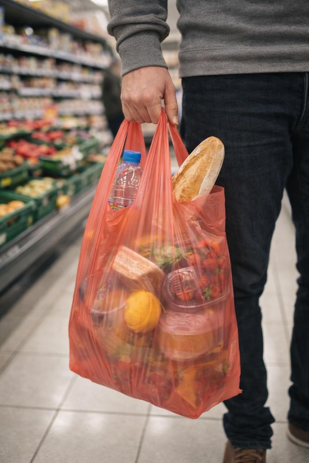 NOCEL Plastikowe torby z uchwytami. Torba T-shirt 70% z recyklingu 50 mikronów BORDE. Torba z uchwytami. Opakowanie 1 kg. (42x53 cm)
