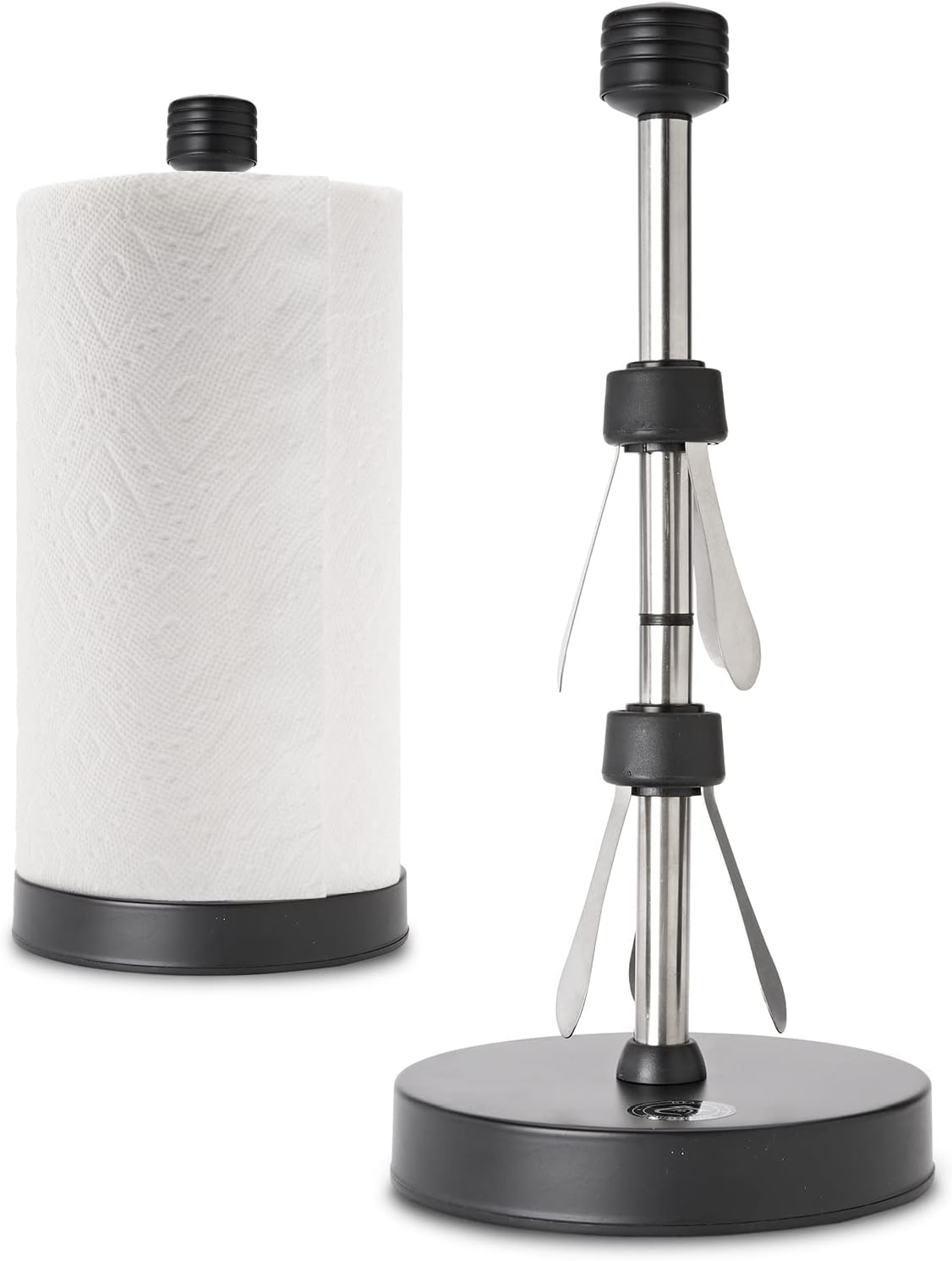 Heavy-Duty Stainless Steel Paper Towel Holder - Easy One-Handed Tear with Suction Cups - Modern Weighted Standing Countertop Dispenser for Kitchen - Holds All Paper Towel Rolls, Black
