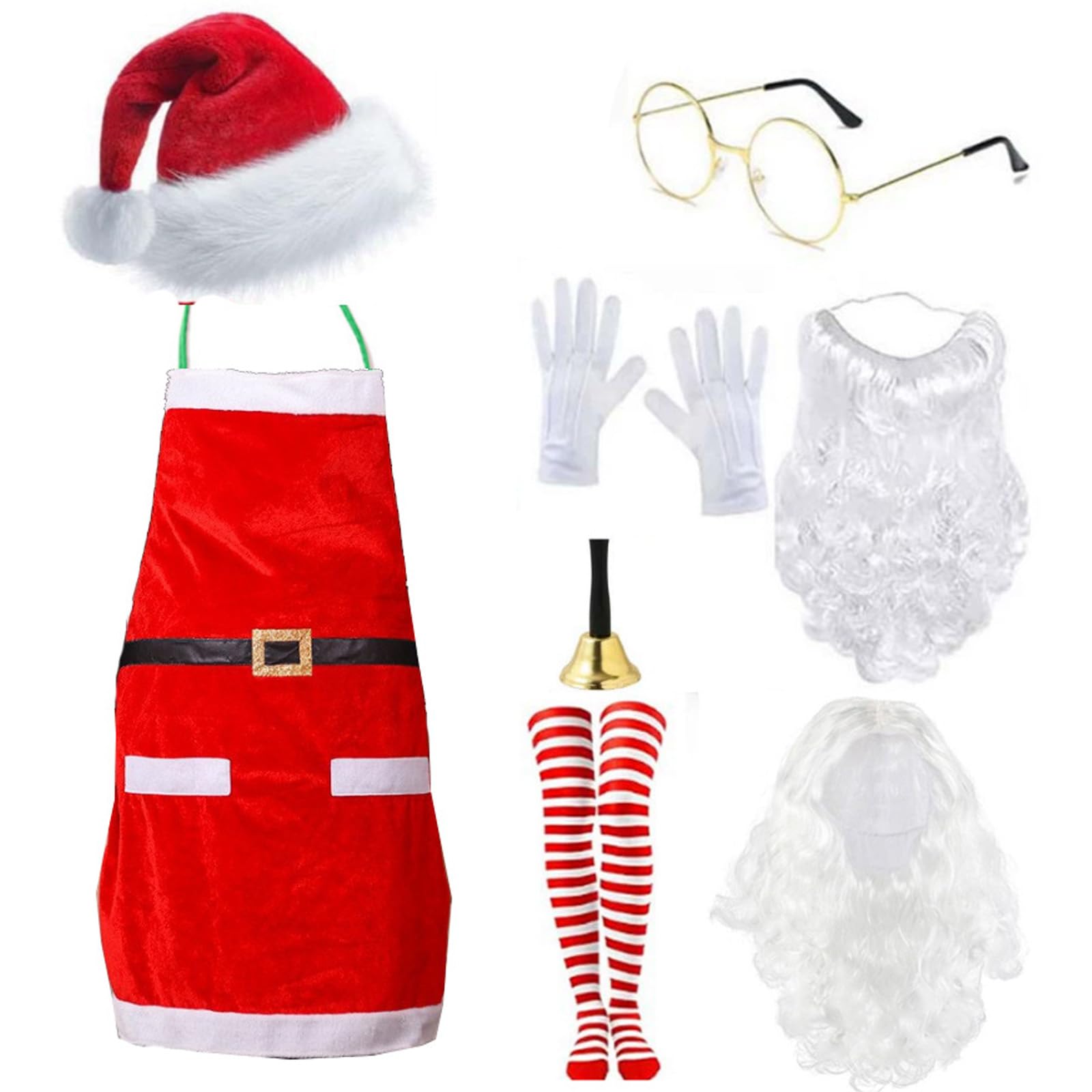 Costume di Babbo Natale vestito guanti da barba, grembiule per travestimento di Natale, festa