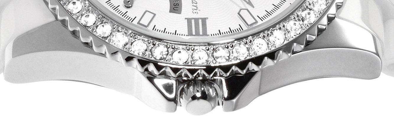Stella Maris Damen Armbanduhr Analog Quarz Uhr Stilvolle Elegante Damenuhr Frauenuhr Weiß Silber Premium Keramik Armband Diamanten Swarovski STM15N1