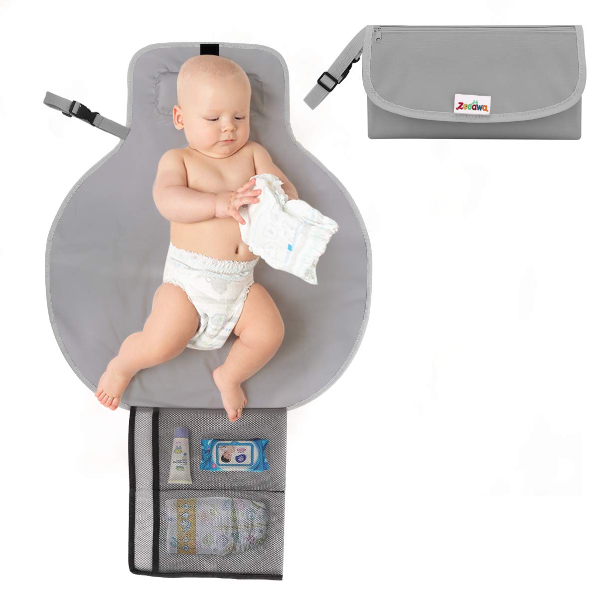 Zooawa Baby Diaper Changing Pad, Lightweight Waterproof Christmas Travel Diaper Clutch for Newborn Boy & Girl, Diaper Changing Mat Station with Mesh Pockets, for Toddler Travel Changing Station, Grey
