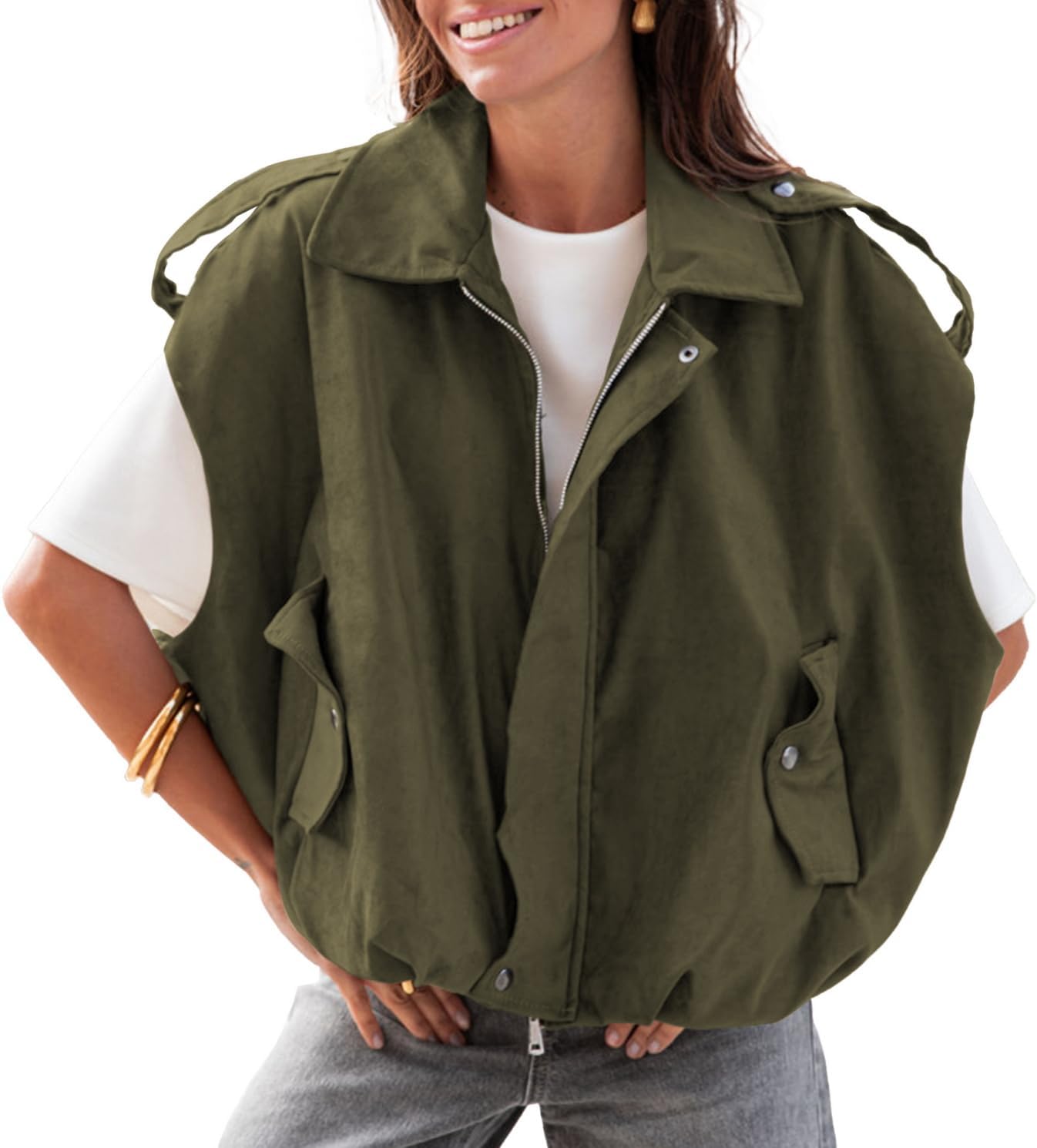 Womens Faux Suede Vest Oversized Cap Sleeve Bomber Jackets Casual Lapel Collar Vest Coats Streetwear Outfits