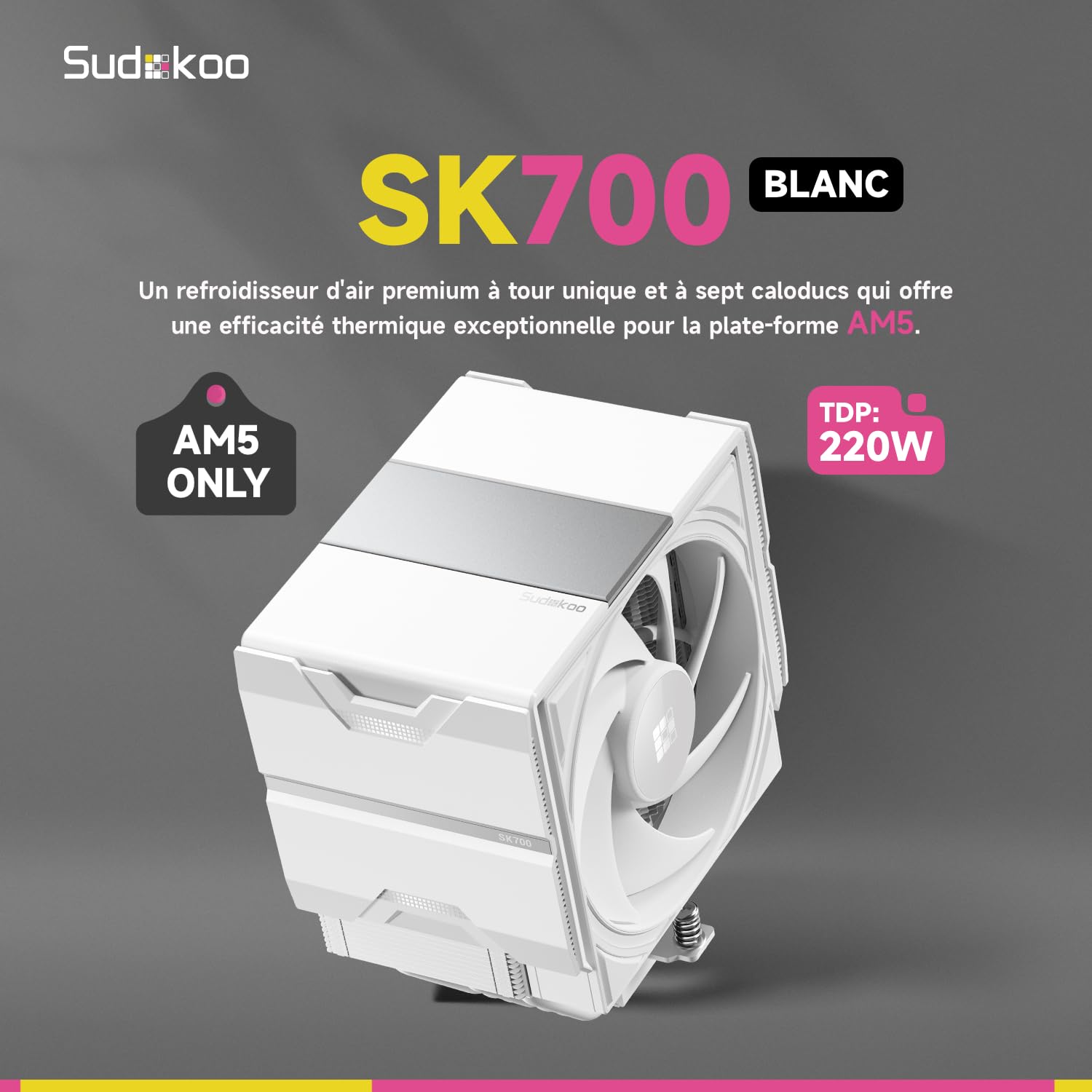 Sudokoo SK700 BLANC Ventirad AM5 Exclusif, 7 Caloducs Ventilateur de Processeur, Tour Unique, Ventilateur 120mm FDB PWM, Accès RAM Complet, Montage Facile, Garantie 5 Ans