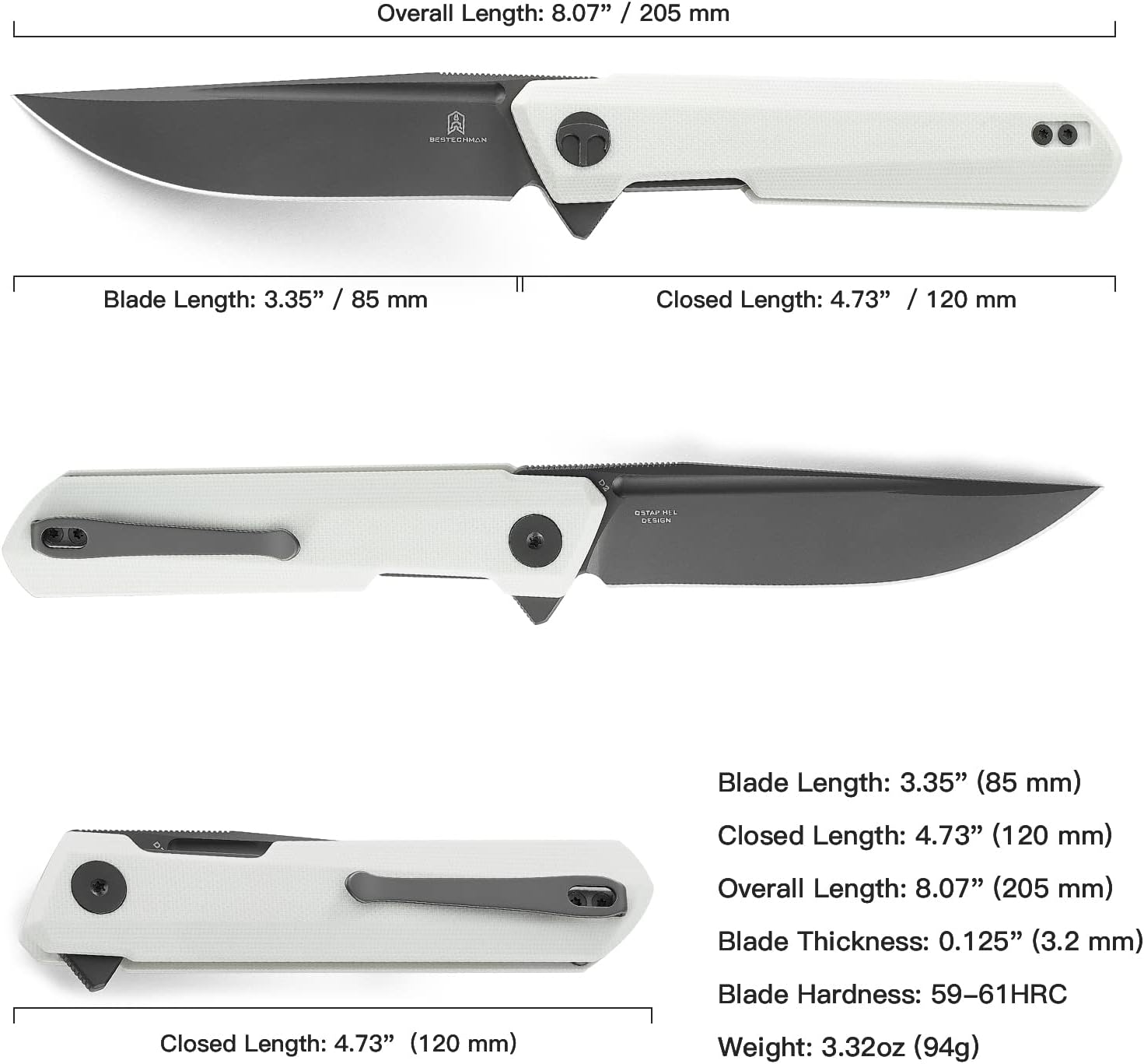 BESTECHMAN Dundee Pocket Folder Folding Knife: 3.35" D2 Steel Grey Titanized Blade, G10 Scales, EDC Reversible Deep Clip, BMK01I (White Handle)