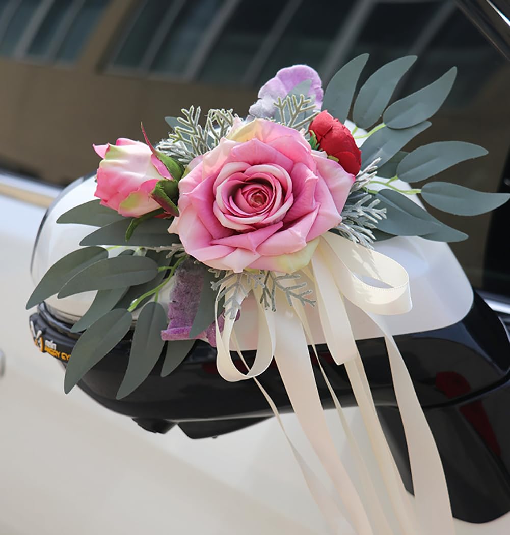 Seidenblume Autoschmuck Hochzeit Auto Car Türgriffleiste Rückspiegel Motorhaube Dekoschleife Autoschleifen Vintage Hochzeits Künstliche Blume mit Saugnäpfen Hochzeitsauto-Deko Cremeweiß 6 Stück
