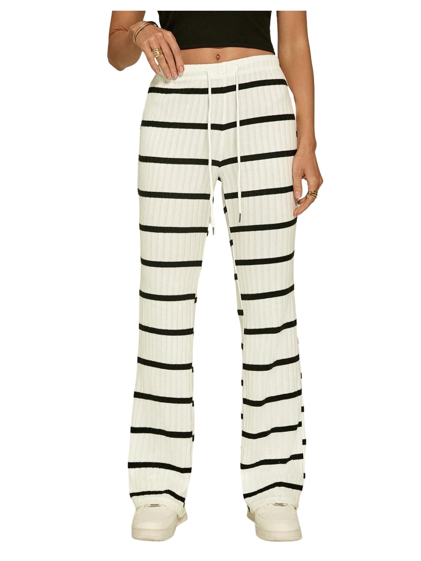 Verdusa Womens Striped Rib Knit Pants Casual Drawstring Waist Long Trousers Sweatpants