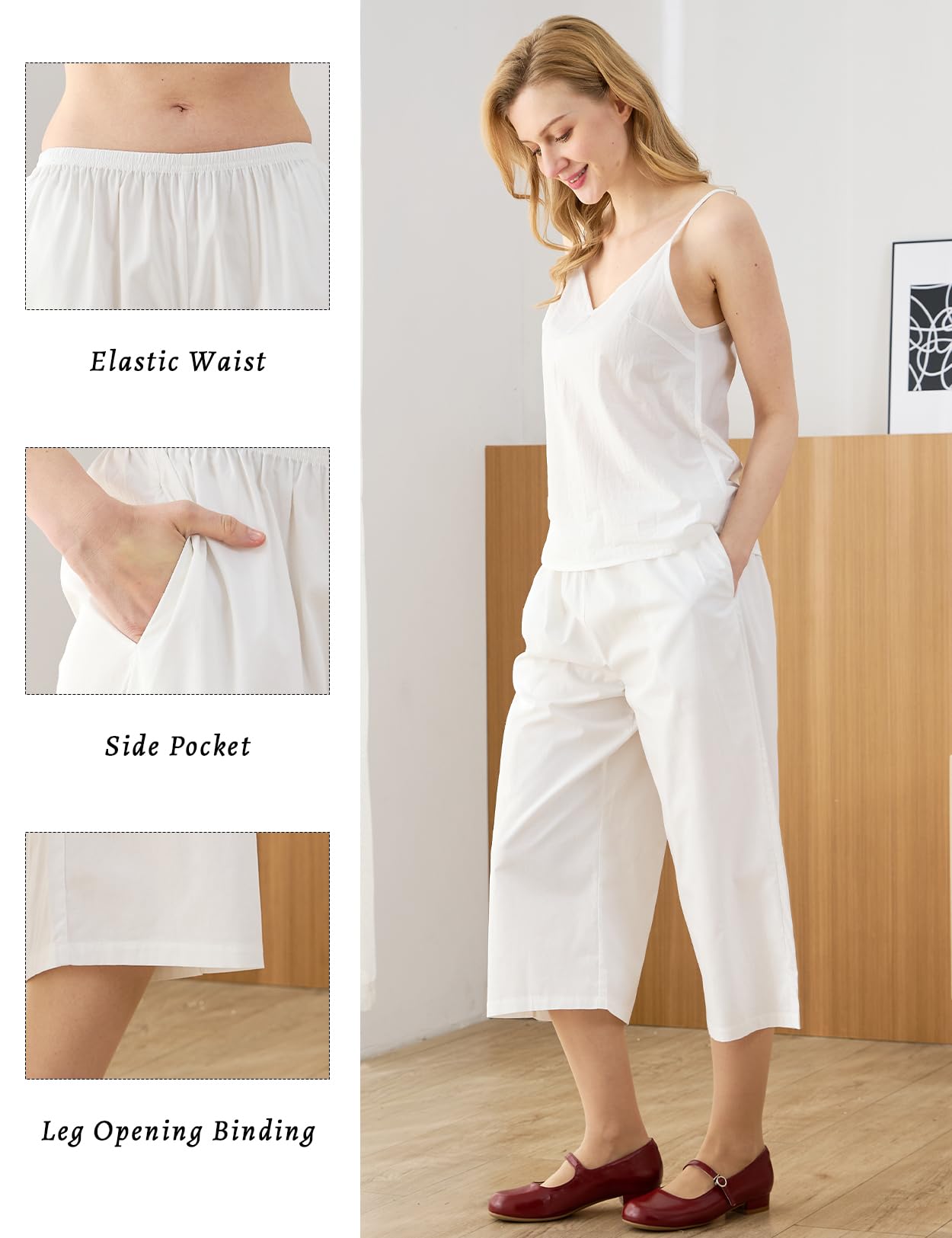 BEAUTELICATE Pantalones de Pijama con Bolsillos de Mujer 100% Algodón Holgados Antiestáticos Pantalones de Dormir Culottes
