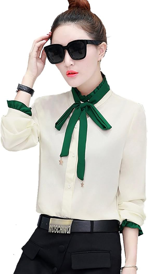 Amazon ナイトエルフ Night Elf レディース ファッション カレッジ風 細身型 底シャツ シフォンシャツ 春夏 リボン付き 2xl シャツ ブラウス 通販