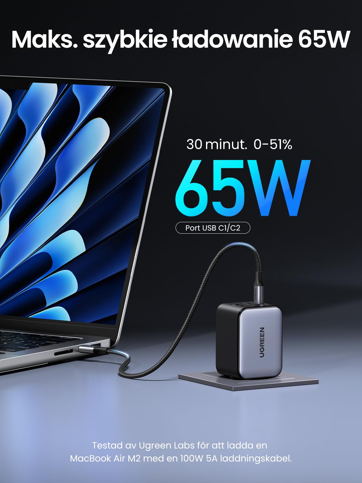 UGREEN Nexode Miniładowarka USB-C 65 W z 3 portami, szybka ładowarka | Zasilacz GaN, ładowarka przenośna, kompatybilna z MacBookiem Air M5, Neo, iPhone'em serii 17-8, Galaxy S-A
