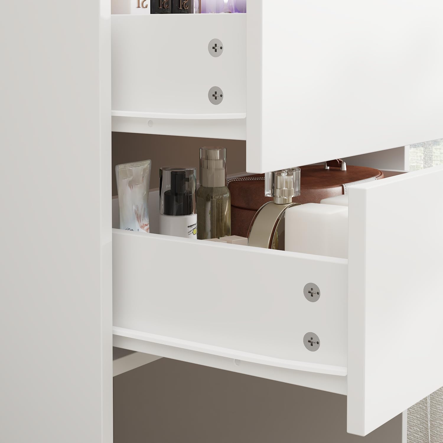 Homsee Makeup Vanity Desk Set with Lighted Mirror and Storage, Makeup Dressing Table for Bedroom with Adjustable Lighting, Tempered Glass Top and Pull-Out Stool, White