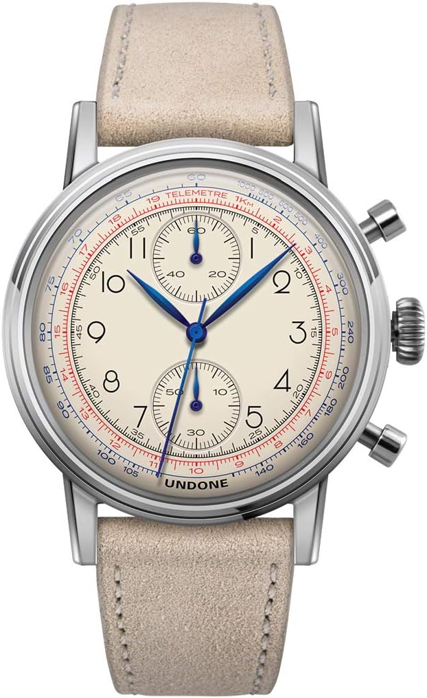 Undone "Urban Killy" Chronograph Hybrid Mechanical Quartz Stainless Steel White Leather Gray Vintage Men's Watch