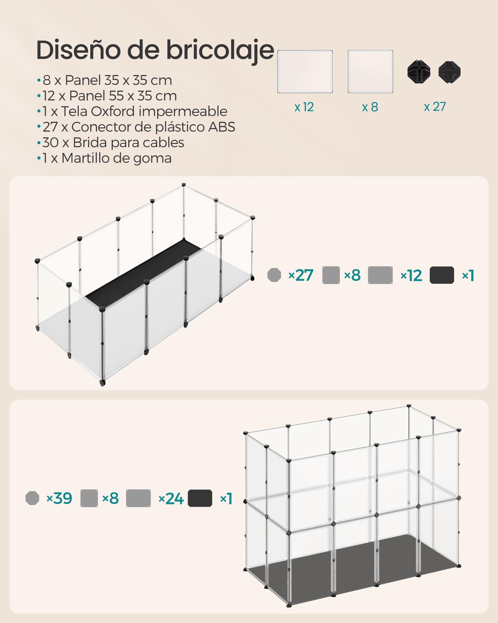 SONGMICS Parque para Mascotas con Suelo y Alfombra Impermeables y Extraíbles, Valla para Animales Pequeños, para Hámsteres, Conejos, Erizos, Cobayas, 145 x 73 x 57 cm, Blanco LPC013W01