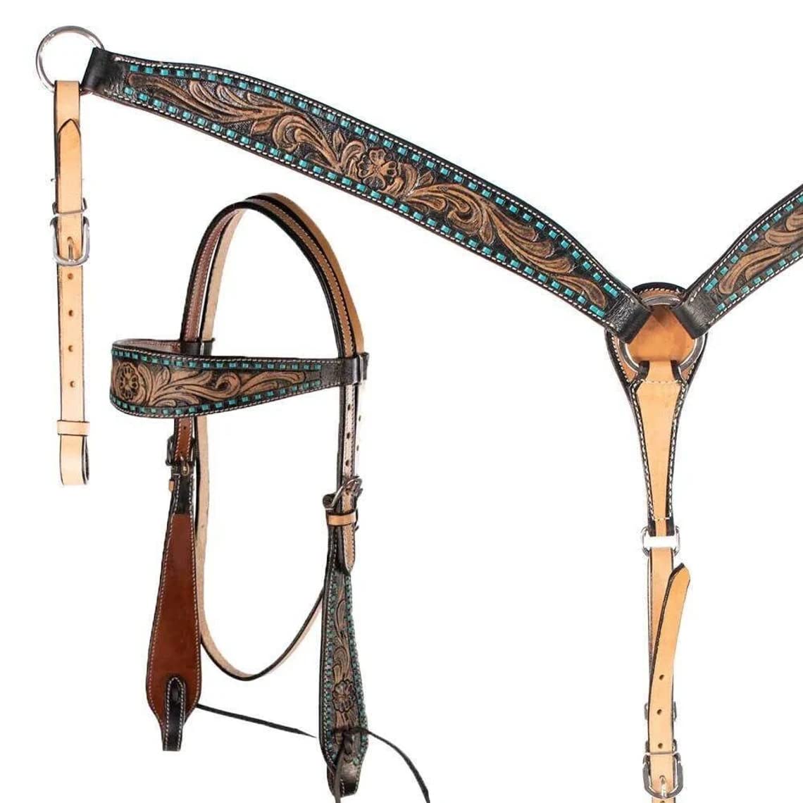 Juego de tachuelas de cuero genuino con cuello y riendas de cuero genuino pintado floral para sillín de caballo occidental ST-019 (completo)