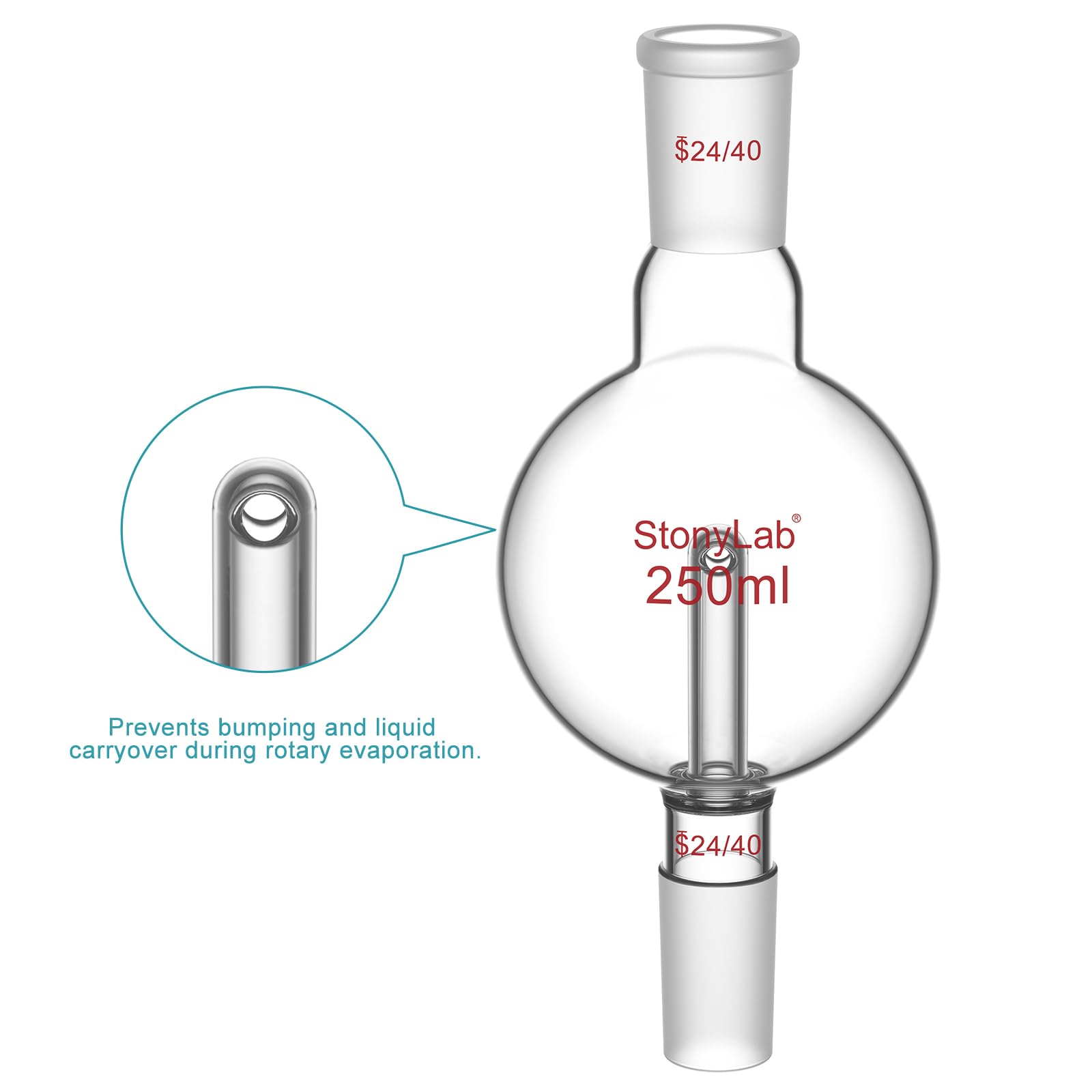 stonylab Piège à évaporateur Rotatif avec 24/40 Joint Supérieur Extérieur et 24/40 Joint Standard Intérieur, Rotary Evaporator Bump Trap de Laboratoire, 250 ml
