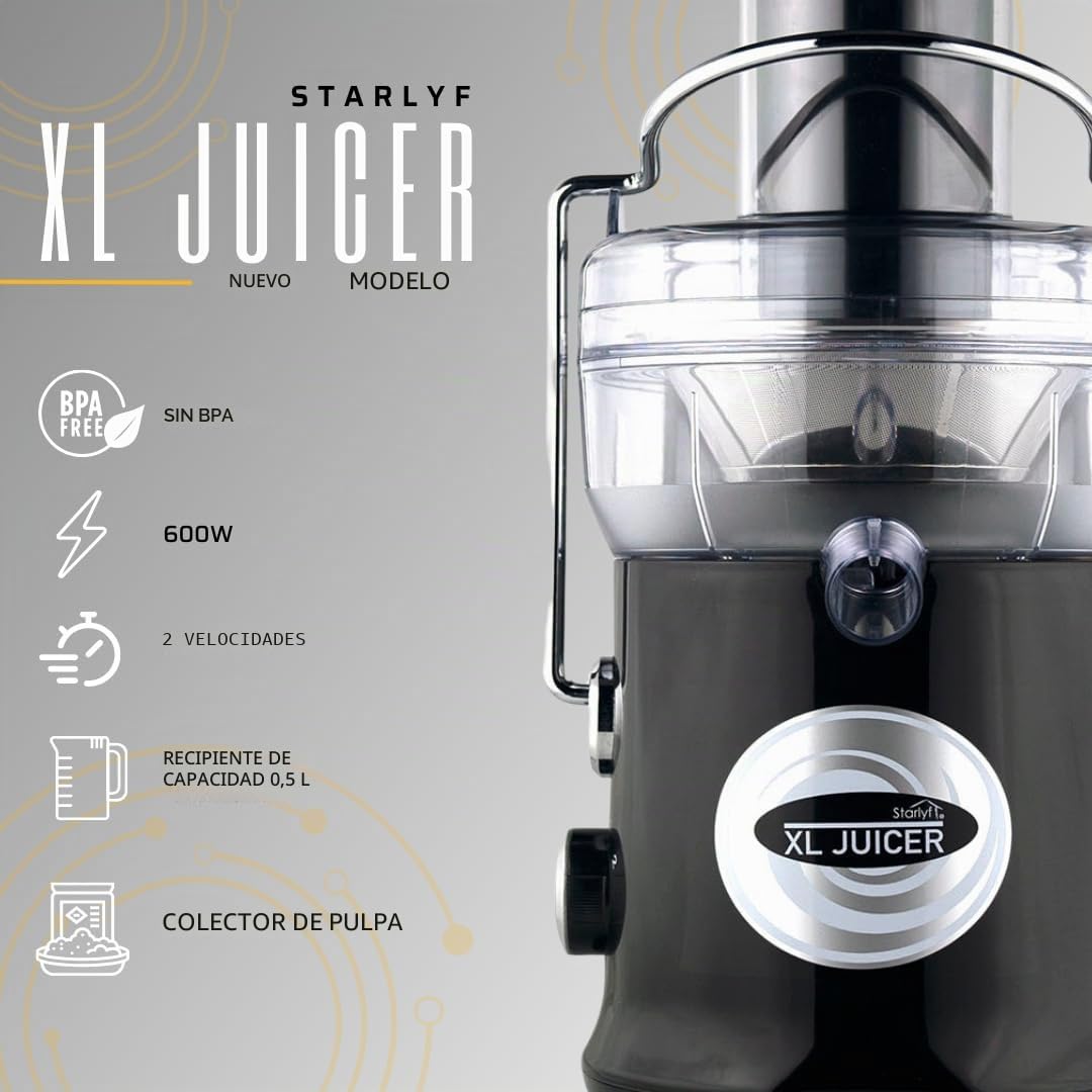Starlyf XL Juicer – Extractor de Zumo Eléctrico 600 W, 2 Velocidades, BPA Free, Expulsión Rápida de Pulpa, Ideal para Frutas y Verduras