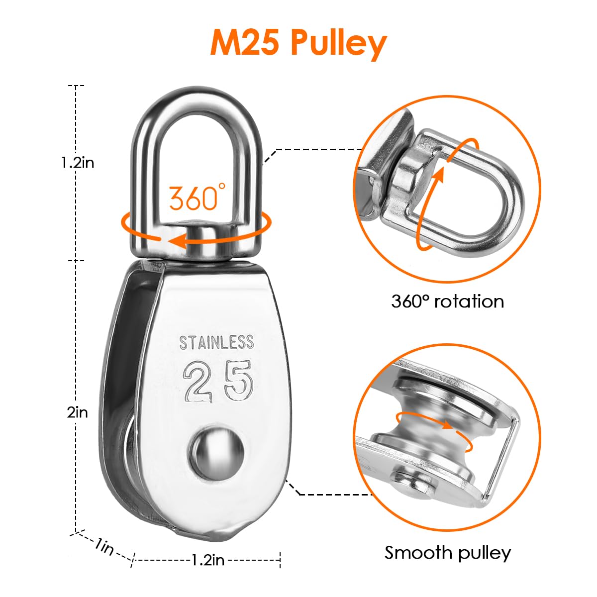 TooTaci M25 Umlenkrollen Edelstahl 304, Edelstahl-Hebepulley mit 6mm/10M Nylonseil & Karabiner, Ovaler Ösen-Befestigungsplatte, Seilklampen-Haken, für Wäscheleine, Sonnensegel