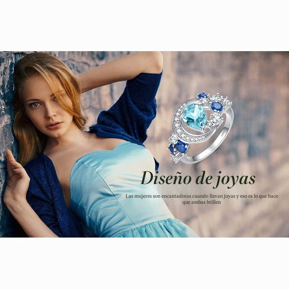 JewelryPalace Luna Estrella Anillo Plata Mujer con 2ct Topacio Azul Cielo Natural Corte Pera, Anillo de Cóctel Plata de Ley 925 Zafiro Azul, Anillo Niña Piedra Preciosa Gota de Agua, Conjunto Joyas