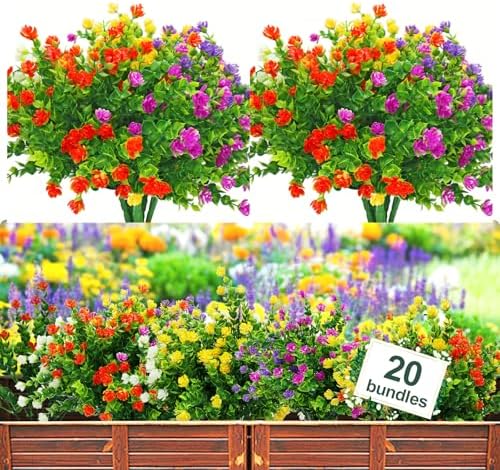 20 Bundles Artificial Flowers Outdoor Fake Plants, UV Resistant No Fade Faux Plastic Greenery Shrubs for Hanging Planter Garden Porch Window Box Outside Decoration,Home Indoor Decor, 5 Colors