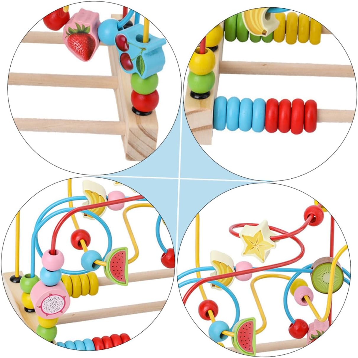 ERINGOGO Wooden Fruit Pattern Round Beads Maze for Years Early Education Plaything Safe Wooden Bead Game with Thick Base Random Color Random Color