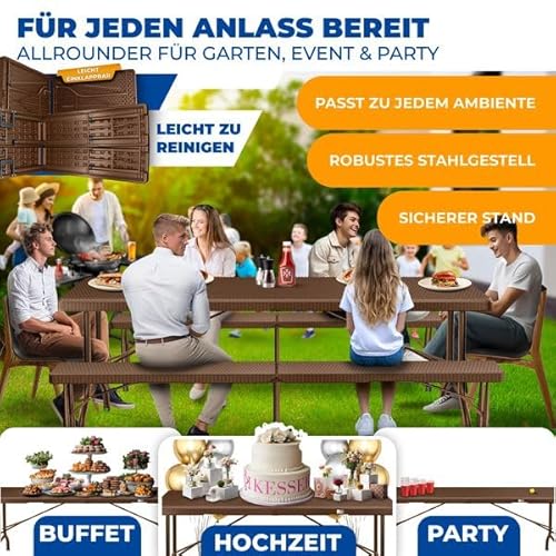 Kesser® Set Tenda Da Birra - Set Da 3 Pezzi, Tavolo + 2 X Panca, Per Interni - Esterni, Axlxp - 73X180X75 Cm, Plastica, Set Da Giardino In Simil Rattan, Pieghevole, Marrone - 3