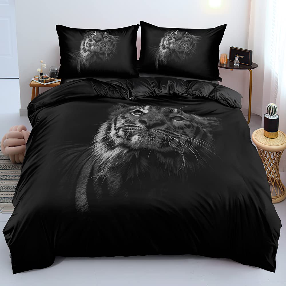 ZZXHG Superking Duvets Sets Black Animal Tiger, Microfiber Super King Bedding Set for Adults - Soft Reversible Quilt Cover with Zipper Closure and 2 Pillowcases 50x75cm - 260x220 cm