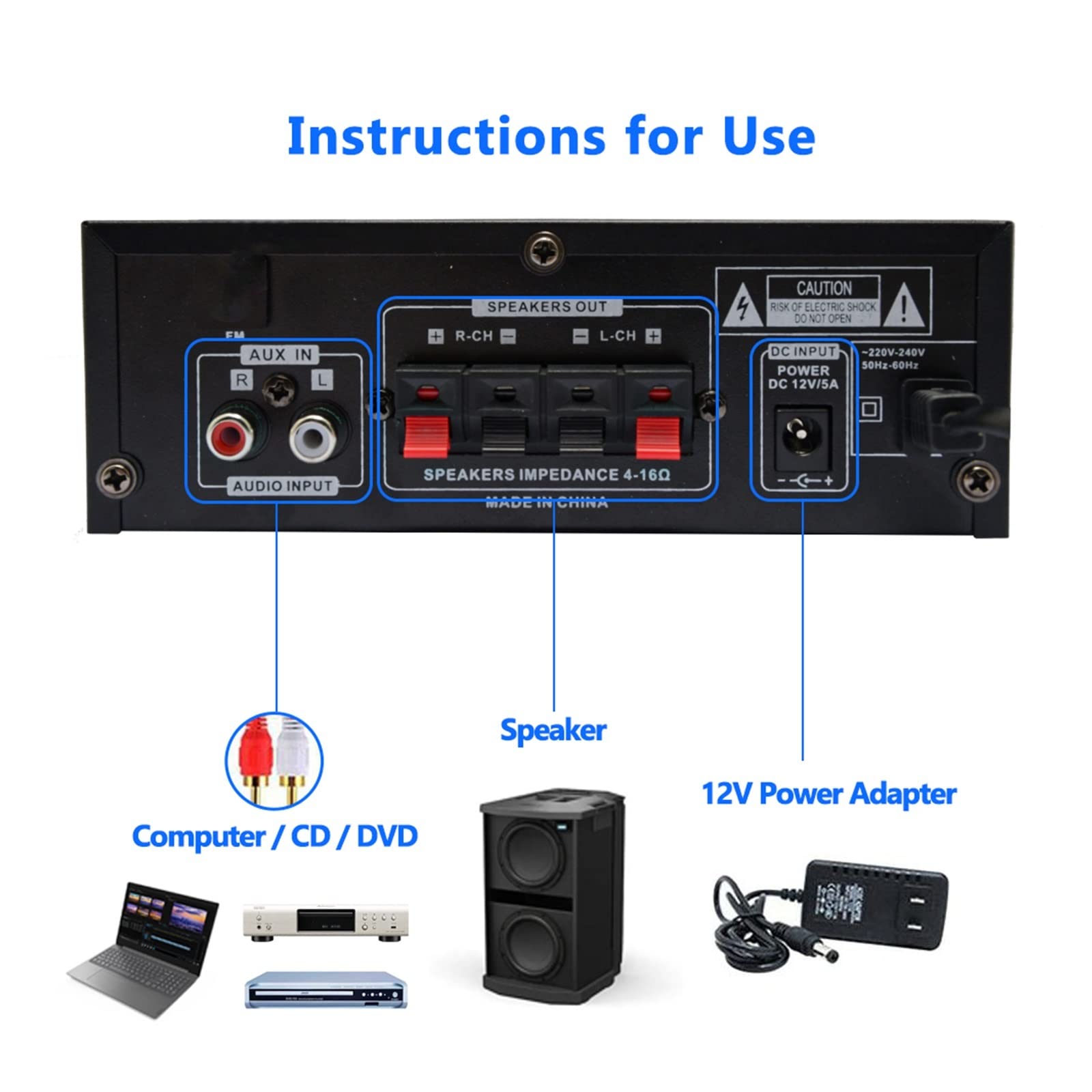 Amplificatore audio stereo, 200W + 200W HIFI Amplificatore Amplificatore di potenza Supporto Telecomando FM USB SD Treble Bass Home Theater Amplificatori per sistema home theater con altoparlanti pass