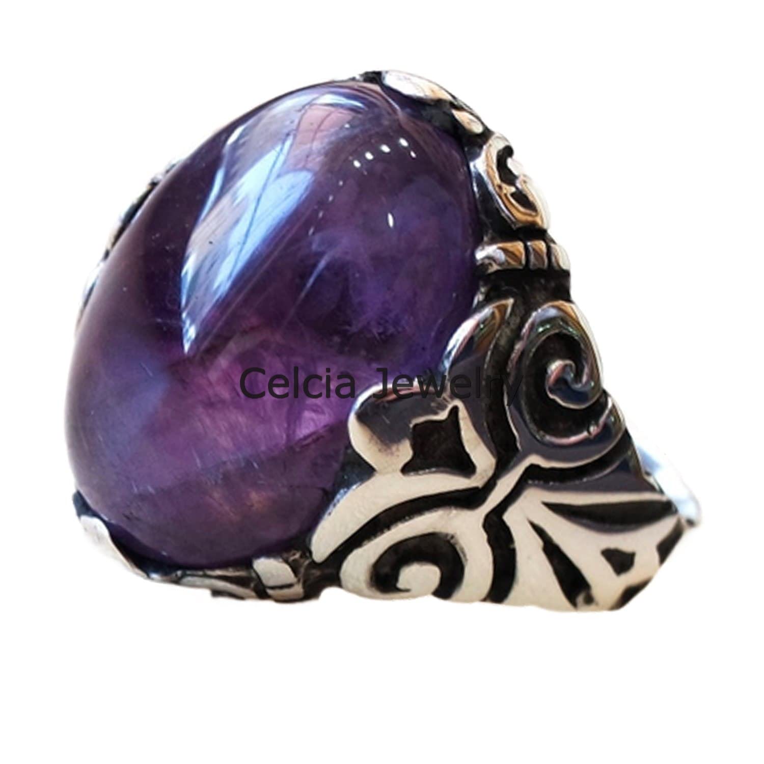 Anillo clásico ovalado de cabujón de piedra preciosa de amatista púrpura natural, anillo de sello para hombre, anillo de propuesta de promesa de declaración, anillo oxidado de plata
