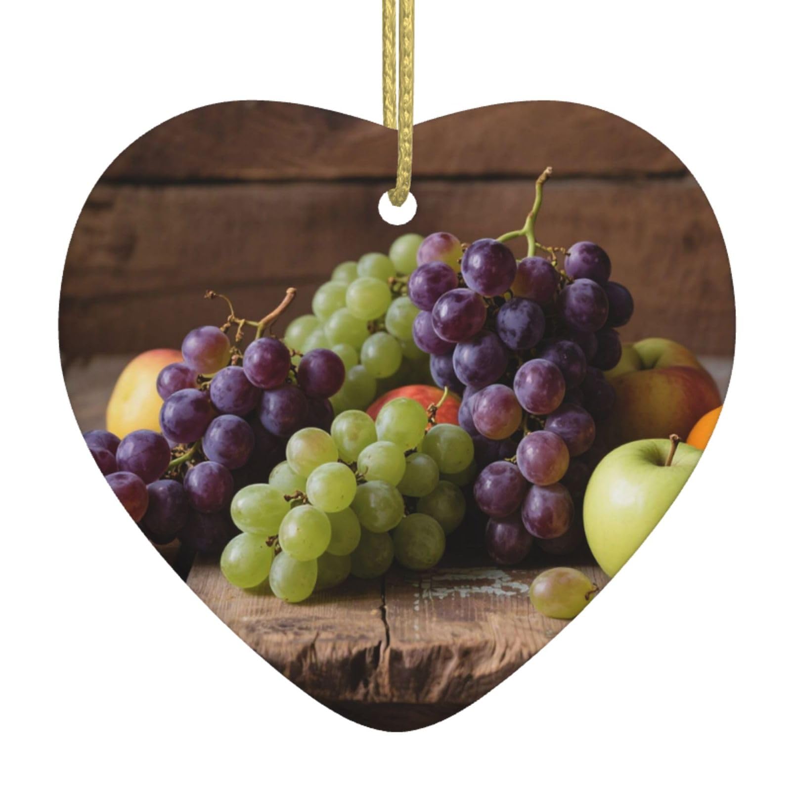 Retro Fruit Grapes Wooden Board Christmas Ornament 2025 Heart Ceramic Hanging Ornaments for Home Decor Christmas Decorations with Gold Rope Double-Sided Xmas Tree Ceramic Hanging for Holiday Party