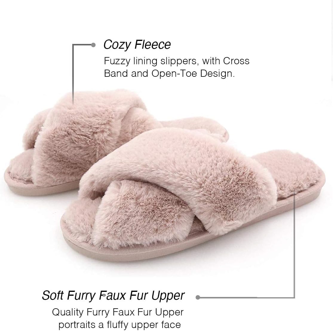 U-slide Women’s Cross Band Soft Plush Fluffy Furry Fleece House Indoor or Outdoor Ladies’ Slide Slippers, Powder Pink, L(9-10) - Image 2