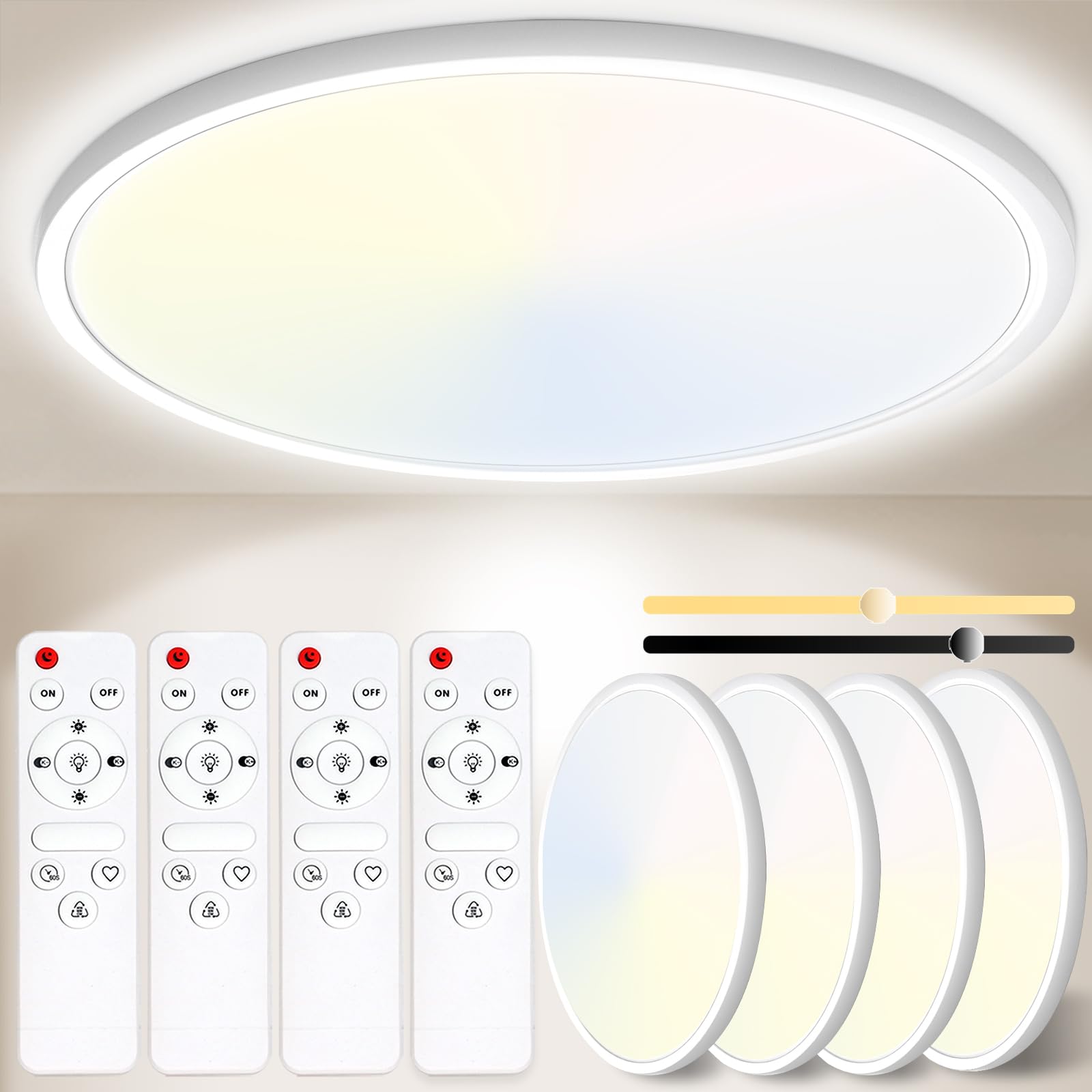 Yexati 4PCS Plafon LED Techo Regulable 24W 3200LM Delgada Lampara Techo con Mando a Distancia 3000K-6500K, IP54 Ø29.5cm Plafones Redondo Lámpara Panel para Dormitorio Cocina Salon Baño Comedor Pasillo