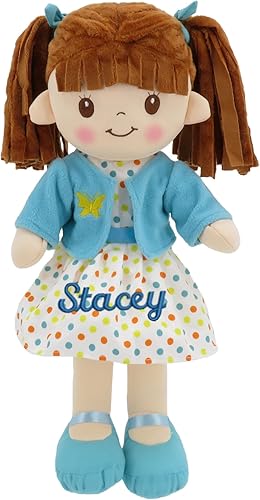 Muñecas de acurrucarse personalizadas, muñeca de trapo suave morena personalizada, vestido de chaqueta azul, 16 pulgadas, muñecas de trapo
