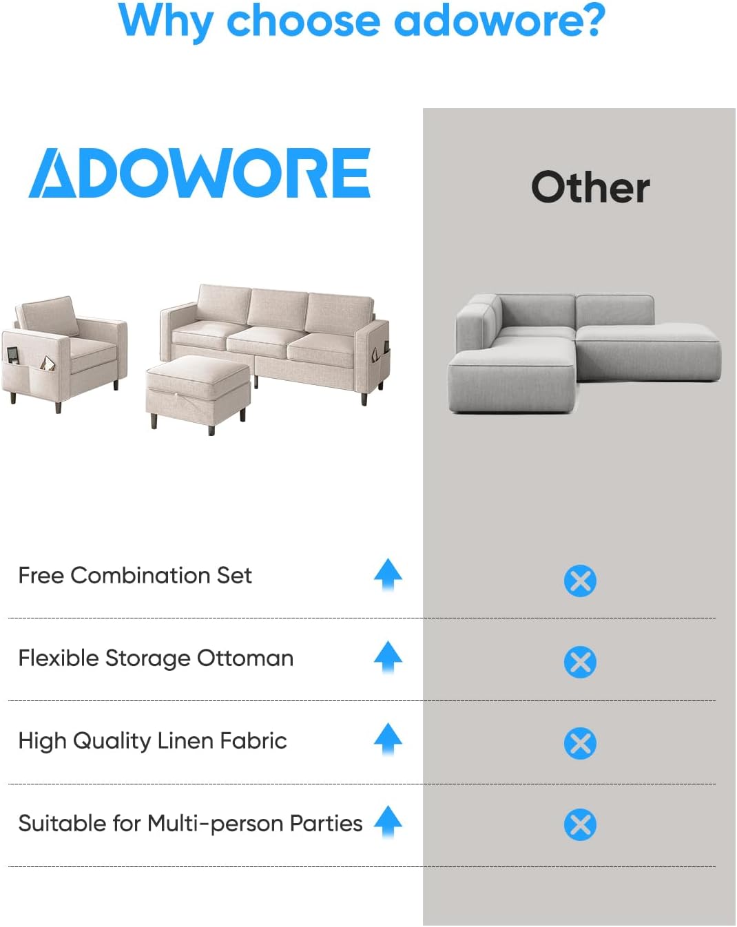 2 Piece Living Room Sofa Sets, Modern 3 Seater Sofa with Storage Ottoman and Armchair Sets, Linen Fabric L Shaped Sectional Couch + Single Chair Sofa Sets for Living Room, Apartment,Beige